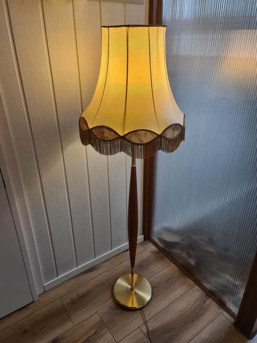 Lampa stojąca PRL vintage retro cygaro Lity mahoń Abażur skóra / skaj