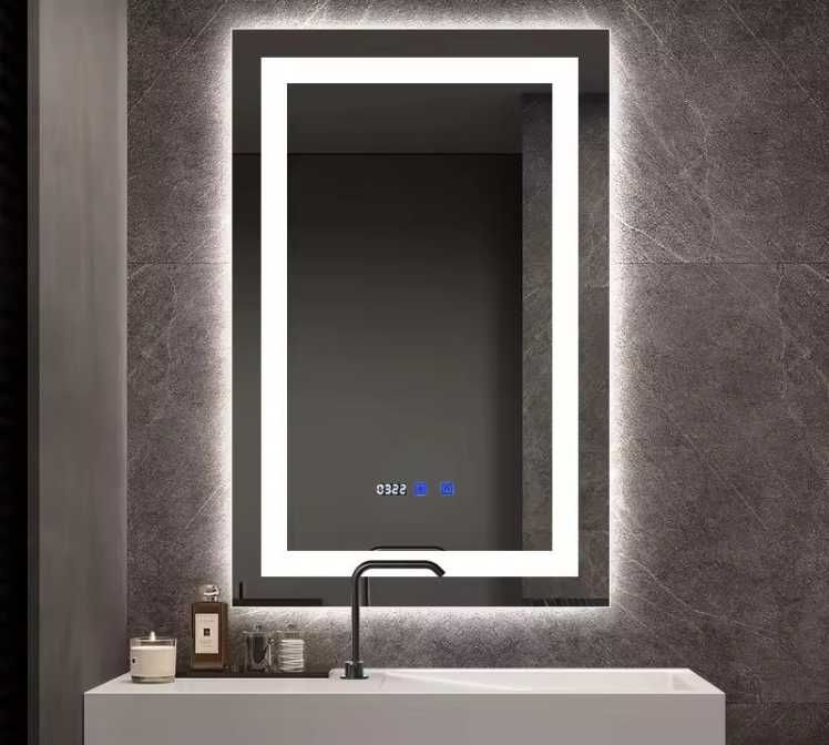 LED дзеркало 80x60 см вертикальне з підсвіткою, підігрівом та годинником | Прямокутне дзеркало для ванної кімнати з антизапотіванням IP44