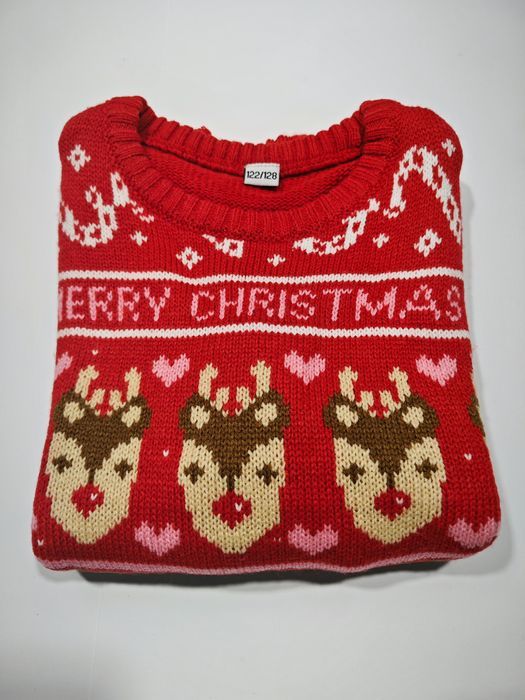 Świąteczny Sweter Dziecięcy Czerwony Renifer Mikołaj Choinka 110/116