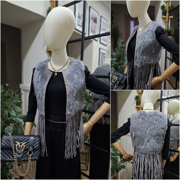 Śliczna krótka kamizleka frędzle futro naturalne,  cyrkonie,  XS/S