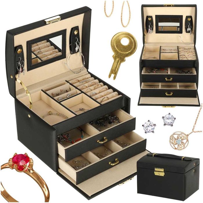 Szkatułka kuferek na biżuterię z szufladami biała/czarna