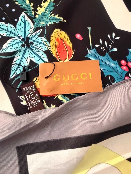 Платок Gucci Flowers Black Grey 90см Silk НОВЫЙ