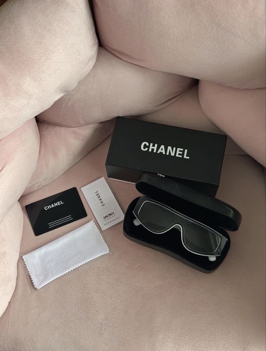 Nowe Okulary Chanel Shield Sunglasses | Biało-Czarne | Pełny Zestaw: Etui, Box, Karta | Darmowa Dostawa Paczkomat | Model 6057 Luxe