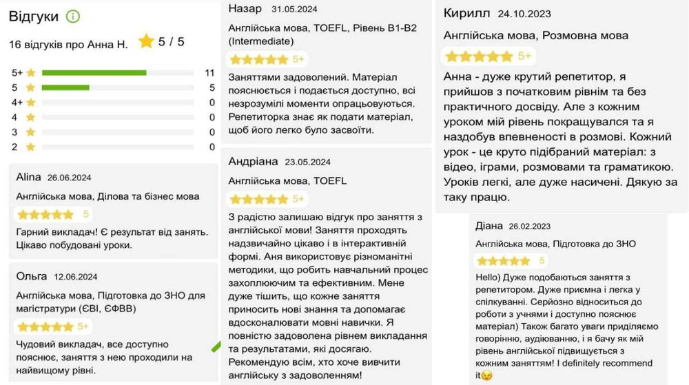 Репетитор англійської, працювала у США, індиви/парні/НМТ/ЄВІ/IELTS