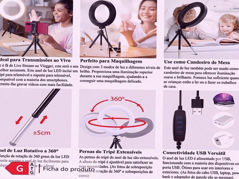 Ring Light 360° USB com Tripé — Maquilhagem, TikTok, Zoom e Candeeiro
