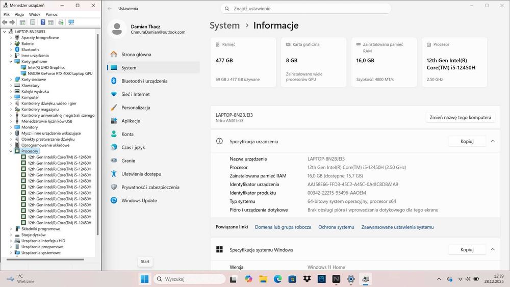 Acer Nitro 5 15,6" 144hz i5-12gen/RTX 4060 8GB/16GB RAM/512SSD/Win 11