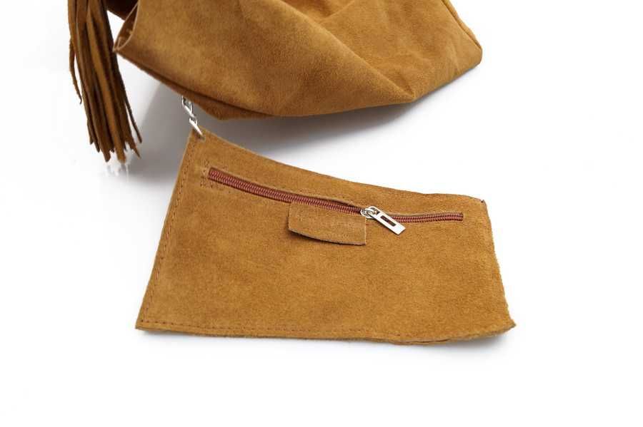 VERA PELLE torebka zamszowa worek shopper z suwakiem V146 camel