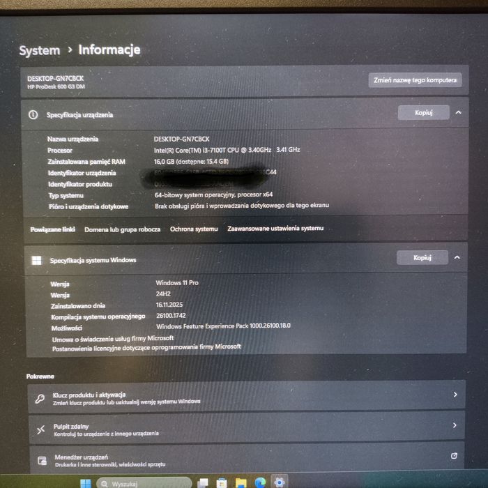 Komputer HP 600 g3dm i3 7th win 11