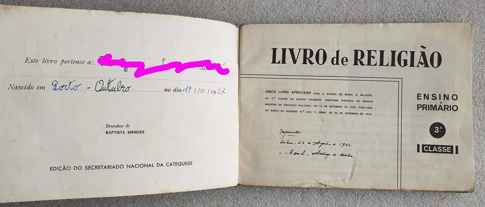 Antigo ~ "LIVRO de RELIGIÃO " ~ Escola Primária ~ 3ª Classe ~ 1964