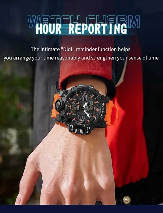 Pomarańczowy duży zegarek analogowo cyfrowy męski militarny sportowy