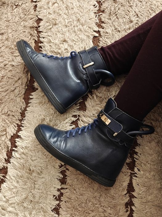 Botki skórzane skóra naturalna granatowe na koturnie 40 sneakersy