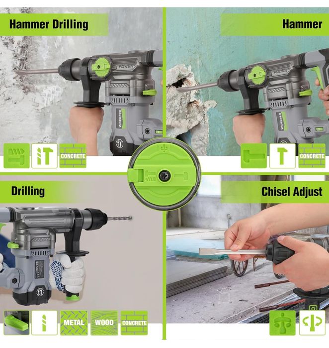Młot udarowo-obrotowy WORKPRO 4 w 1, młot elektryczny 1500 W,