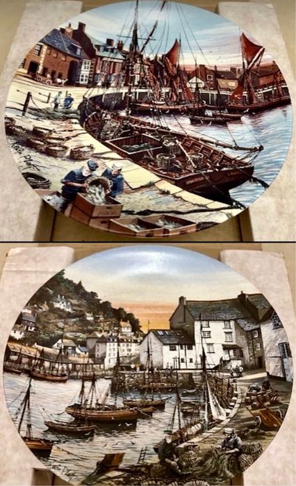 **Zestaw POOLE Marynistyka Statek Port Rybak Talerz Porcelana Vintage