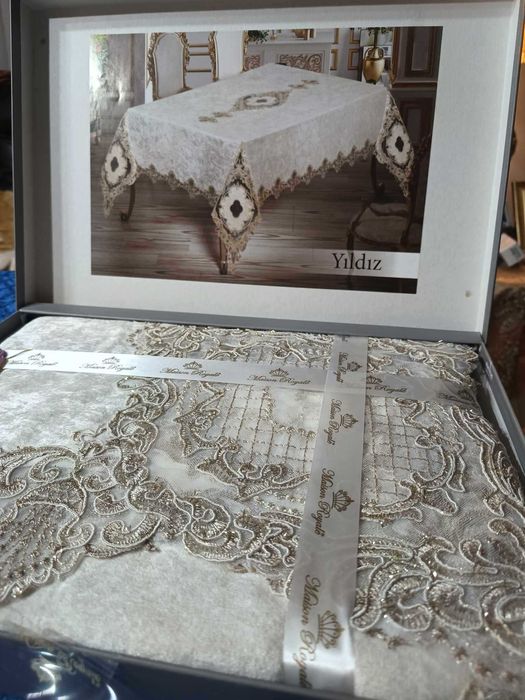 obrus 220x160 GLAMOUR WELUR+piękne HAFTY+złoto OBNIZKA CENY