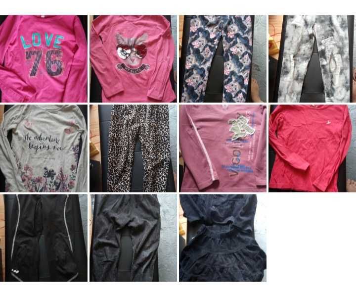 Paka ubrań dla dziewczynki 130, dresy, spodnie, bluzki