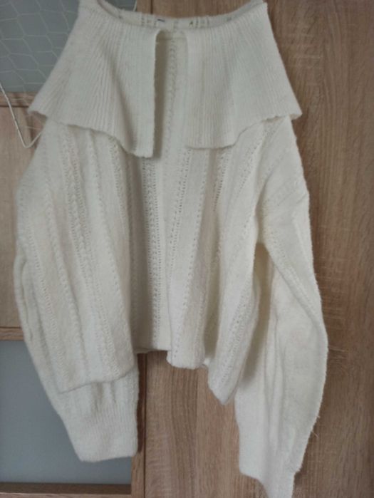 Sweter kołnierzyk biały elegancki ażurowy róż kołnierz s