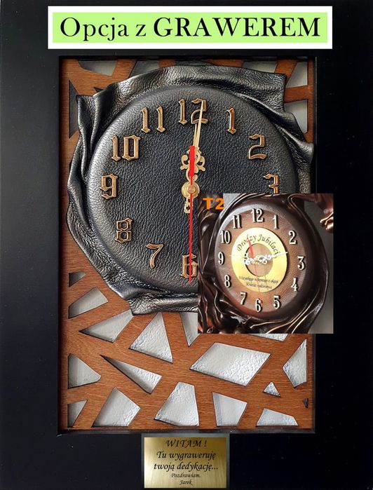 Zegar ścienny nowoczesna forma skóra + drewno na jubileusz GRAWER