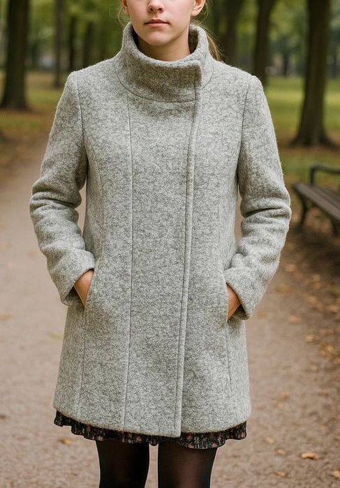 Płaszcz boucle wełna Montego jesienny szary pasuje na 36