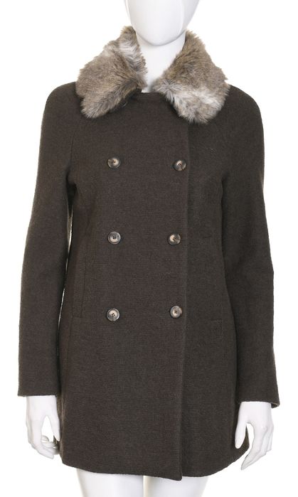 BASIC dwurzędowy ciemnozielony płaszcz damski z futrzanym kołnierzem S