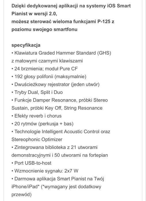 Pianino cyfrowe YAMAHA P -125B + statyw + ława + sluchawki