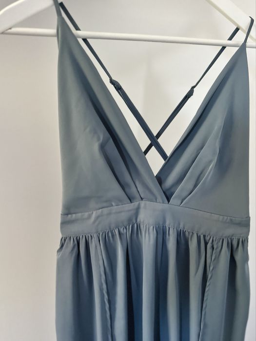 Stalowo-niebieska wizytowa sukienka suknia maxi maksi letnia zwiewna