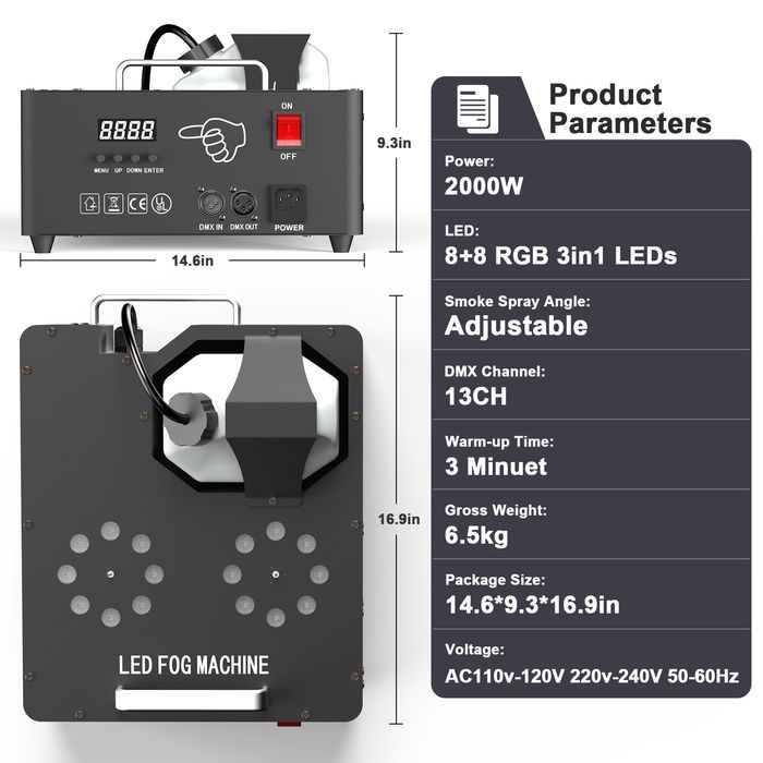 Máquina de fumo vertical com duas saídas e LED's