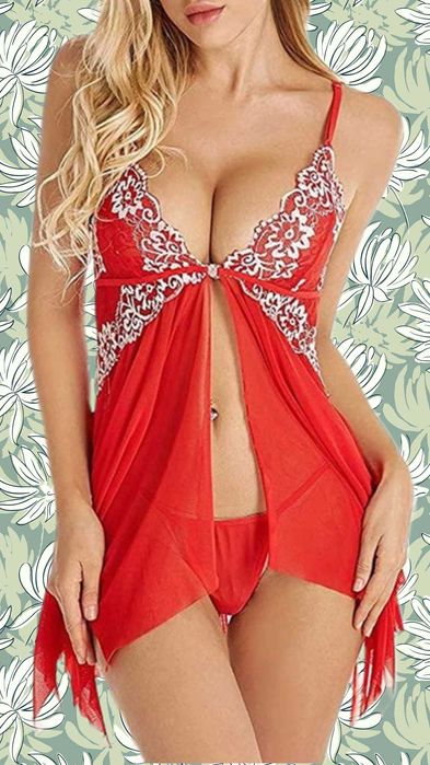Червоний пеньюар Нічна сорочка з мереживом