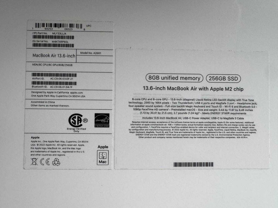 MacBook Air M2 13" 2022 | 8GB RAM | 256GB SSD | Midnight | Stan idealny