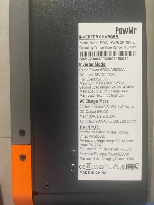 Гібридний інвертор PowMr POW-HVM6.2K-48V-E 6.2kW 48V MPPT 8000W (сонячний інвертор)