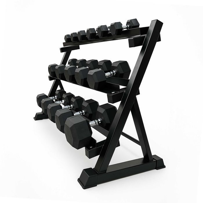 Trzypoziomowy stojak na hantle HEX solidny półka hantel czarna