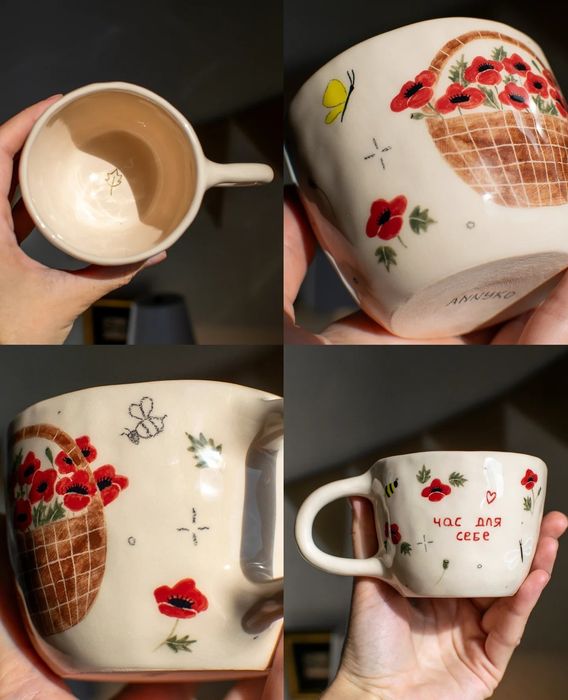 Чашка ручной работы керамика авторская в цветочек  на подарок
