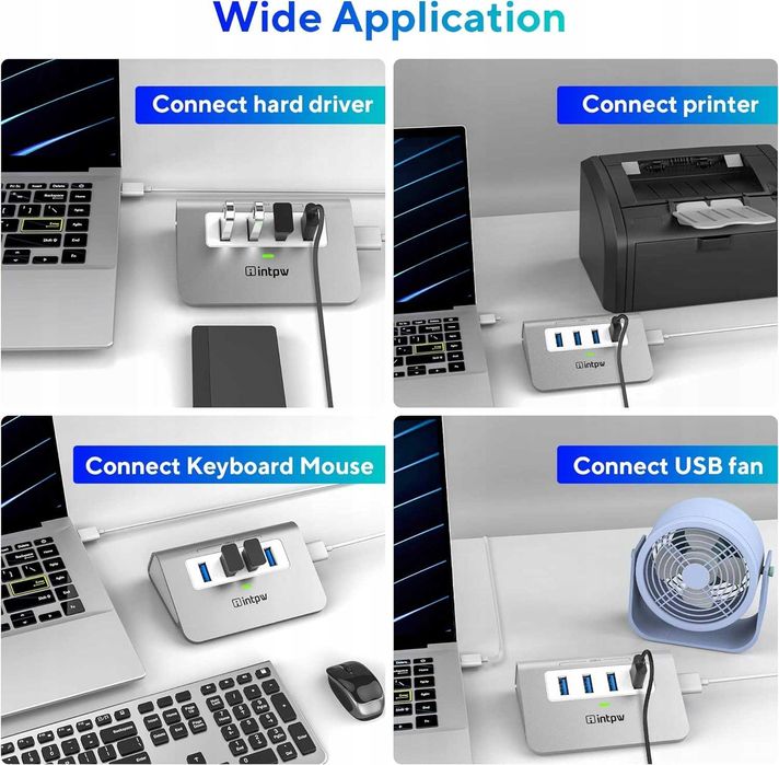 INTPW aluminiowy Hub 4x USB 3.0 do laptopa PC Macbook DELL HP kabel 1m
