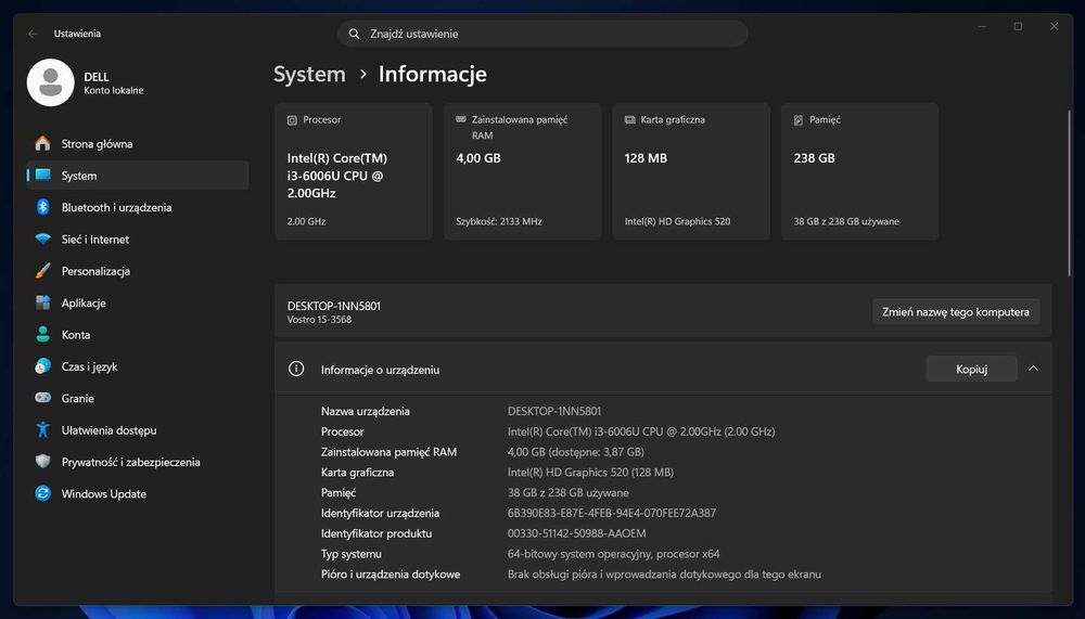 Laptop DELL Windows 11/ Intel i3 / RAM DDR4/ Dysk SSD 256GB / Pakiet OFFICE. Dobry stan.