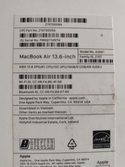 Nowy macbook Air 13.6 A2681 16/512gb