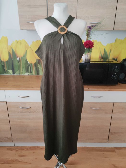 Nowa, ciekawa sukienka khaki River Island rozmiar 46 poliester/elastan