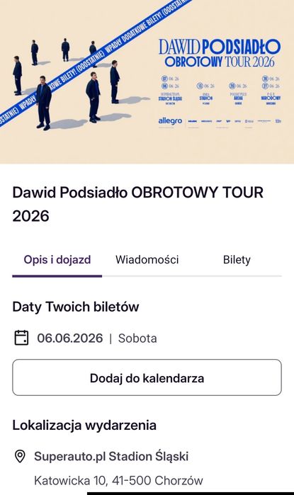 2 bilety Podsiadło Chorzów 6 czerwca