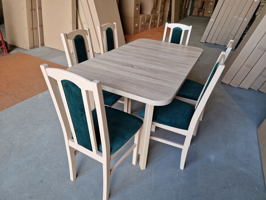 Nowe: Stół 80x140/180 + 6 krzeseł, sonoma + zielony butelkowy, transPL