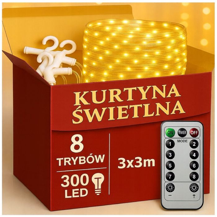 KURTYNA świetlna 300 LED 3x3m pilot 8 trybów