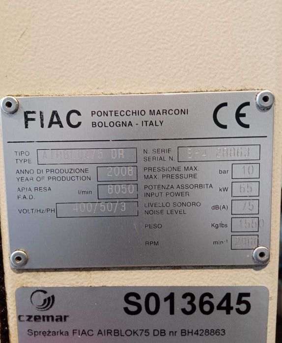 SPRAWNA!!! Sprężarka śrubowa FIAC AIRBLOK75 DB 65kW 8m3/min S013645