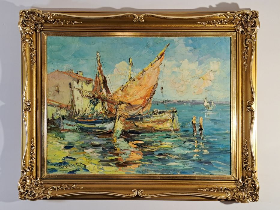 "Scena portowa z żaglówkami" Walter Prescher van Ed. Olej na płótnie