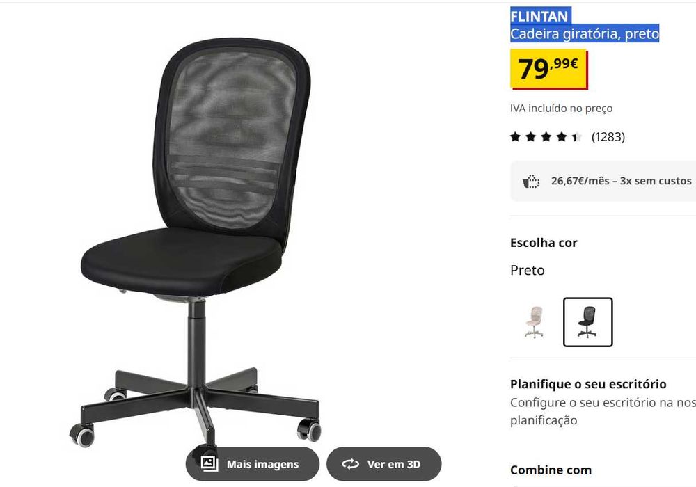 Cadeira giratória IKEA FLINTAN preta: bom estado