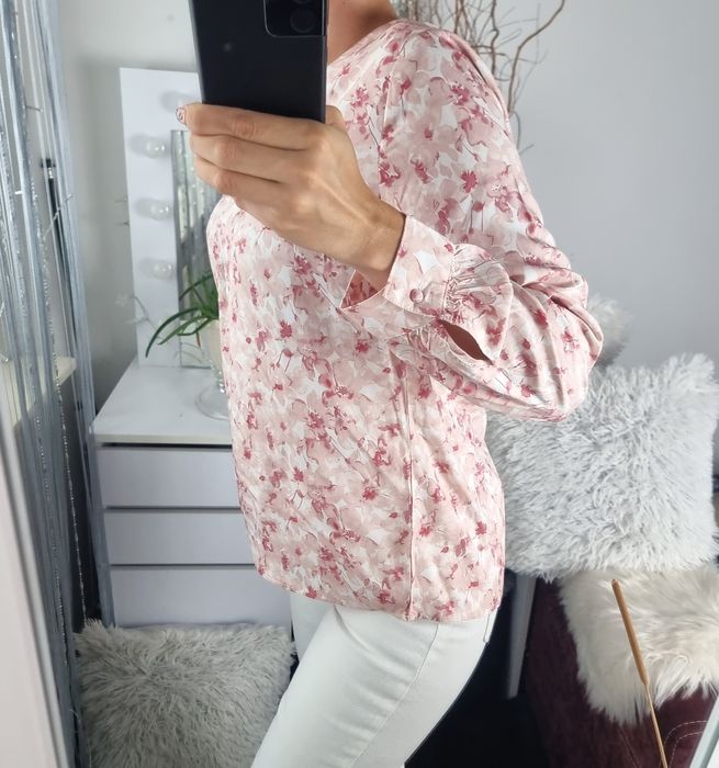 Koszula damska w kwiaty z 100% wiskozy pudrowy róż nowa S