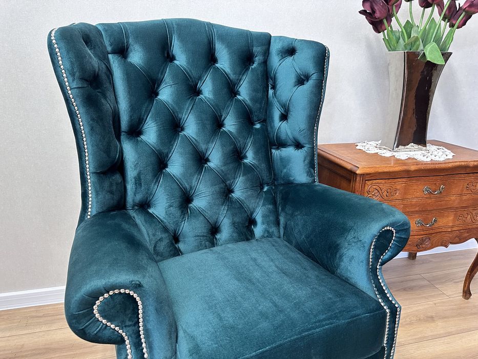 ŚLICZNY fotel uszak w stylu chesterfield w NOWEJ TKANINIE :)