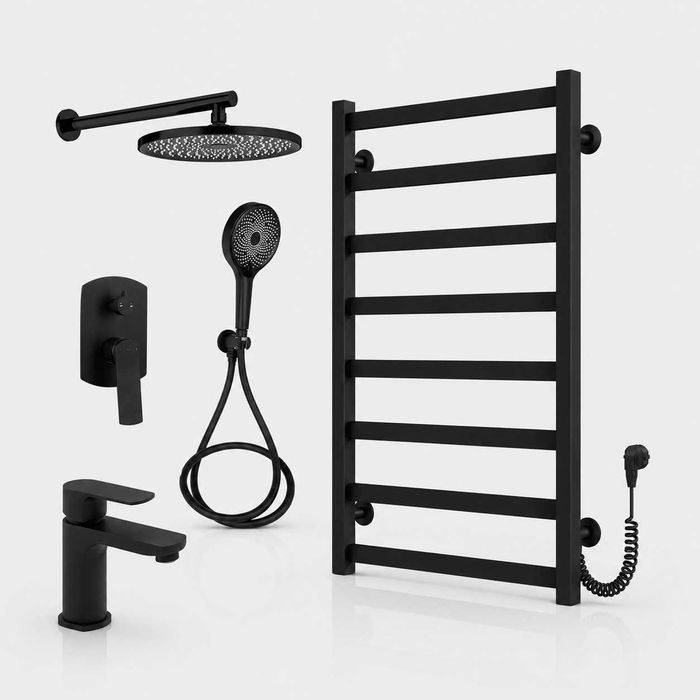 Комплект у ванну Qtap Slavonice Black Matt 3в1 | Душова система прихованого монтажу + змішувач + рушникосушарка Arte Carina
