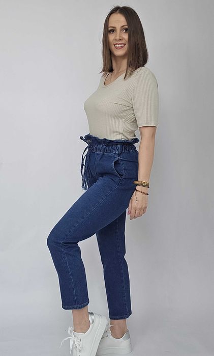 Spodnie damskie jeansy elastyczne wysoki stan mom fit boyfriend XS