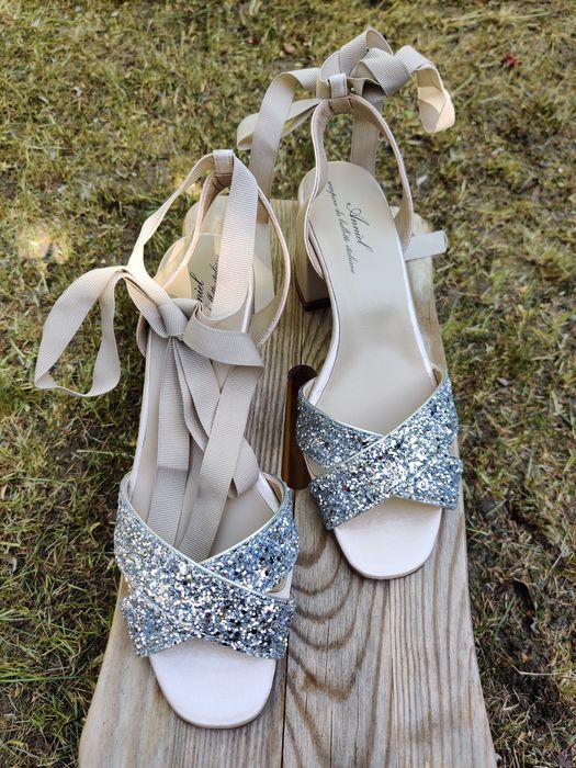 Anniel 38 sandały ślub wesele obcas wiązane srebrne brokat nowe