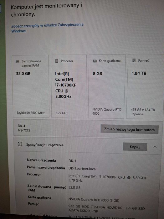 Komputer Gamingowy do Gier i7-10700KF 3,8GHz | RTX 4000 8GB | 32GB