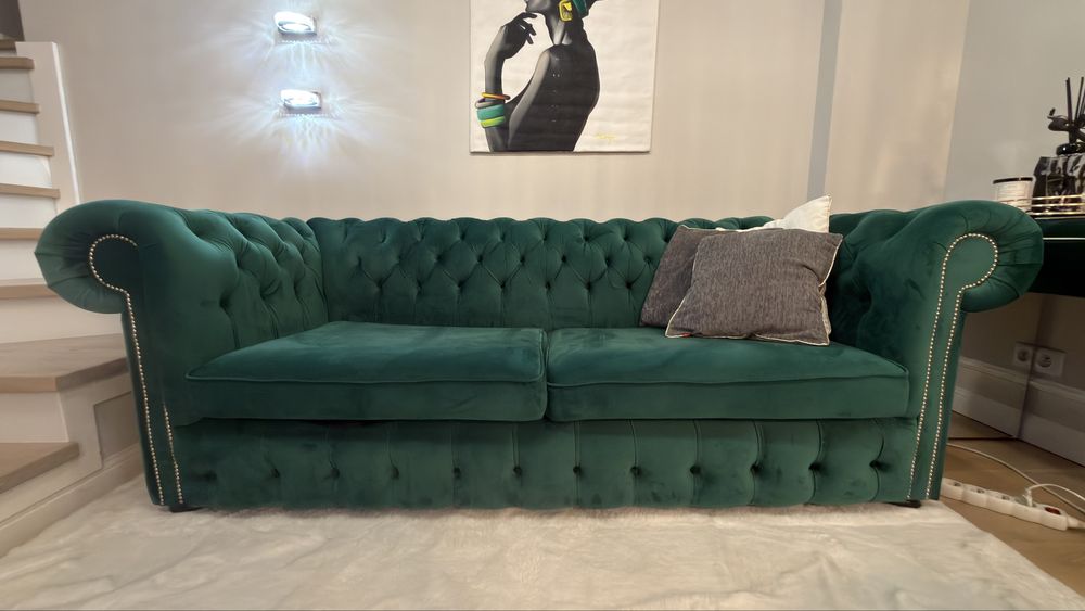 Kanapa Chesterfield rozkładana – welur, butelkowa zieleń