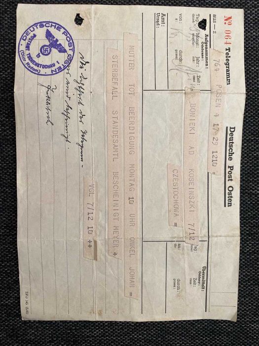 Niemiecka telegram z czasów II wojny światowej 1942 r.