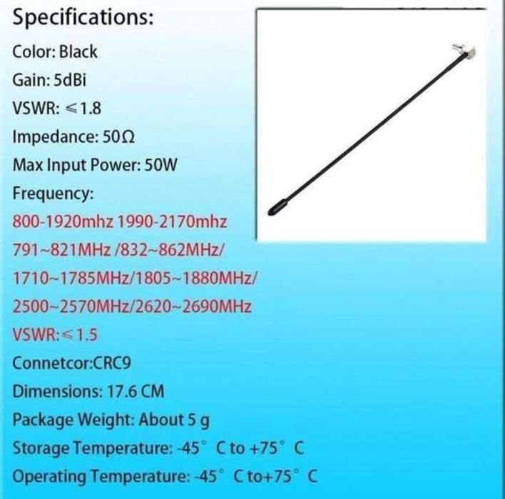 Антена всеспрямована 3G/4G LTE 3 дБ (CRC9)